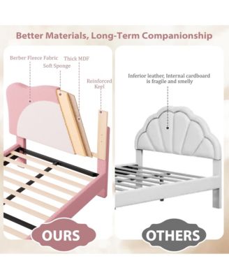 Upholstered Twin Bed Frame for Kids - with Adjustable Chic Scallop Headboard, Cute Velvet Princess Platform Bed for Girls/Kids