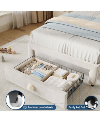 Upholstered Twin Bed Frame with Storage Drawer & Scallop Headboard, Princess Twin Size Platform Bed Frames