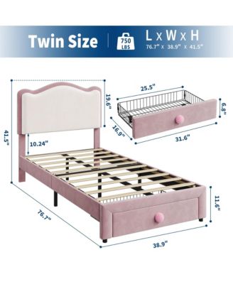 Upholstered Twin Bed Frame with Storage Drawer & Scallop Headboard, Princess Twin Size Platform Bed Frames
