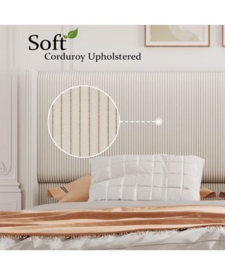 King Bed Frame, Upholstered Platform Corduroy Bed Frame with Vertical Channel Tufted Wingback Headboard