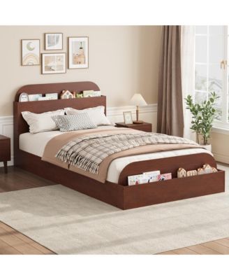Twin Size Bed Frame, Wooden Beds with Storage Headboard and Raised-Foodboard for Kid, Twin-Floor Low Platform Bed