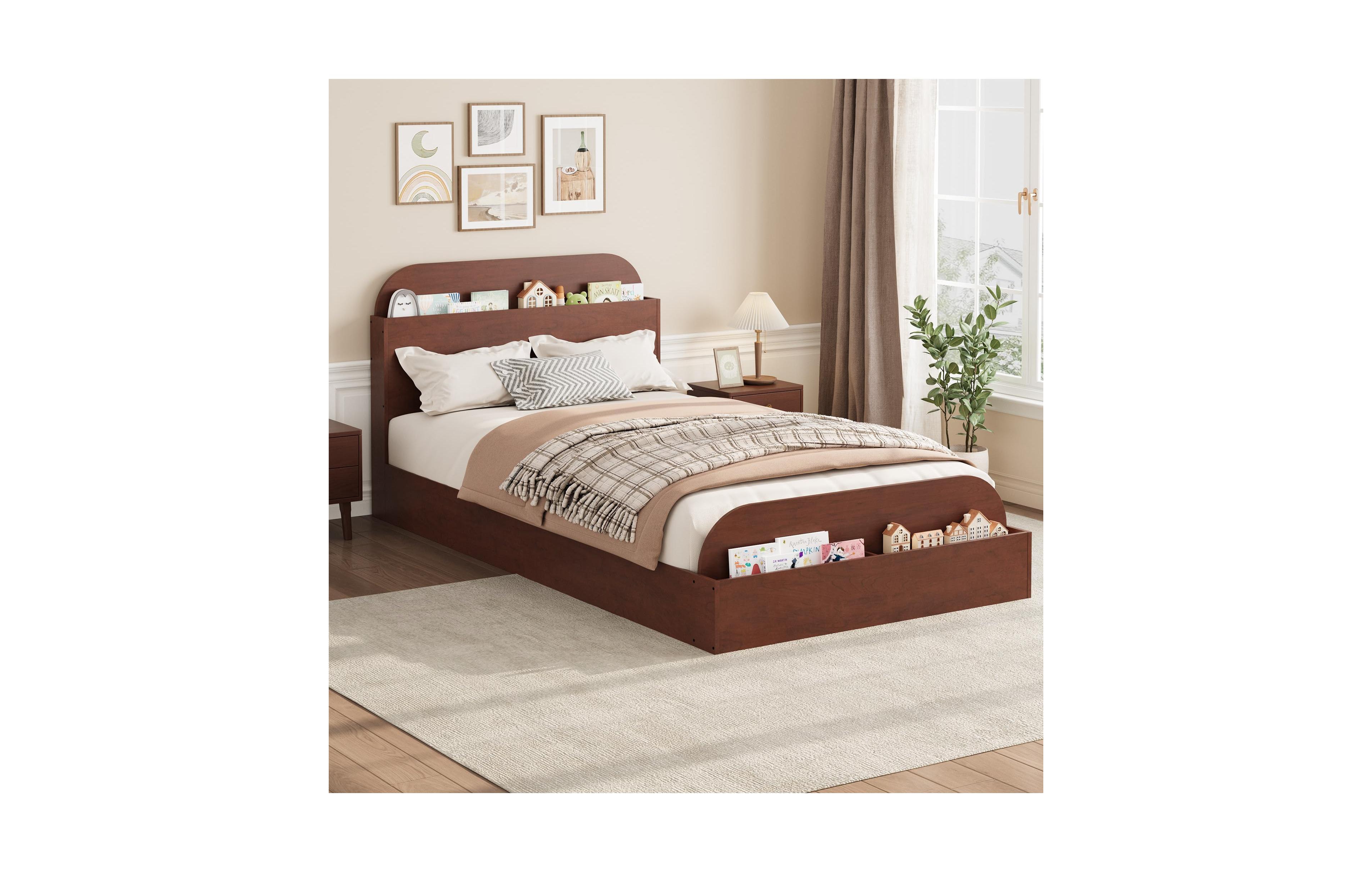 gaomon Twin Size Bed Frame, Wooden Beds with Storage Headboard and Raised-Foodboard for Kid, Twin-Floor Low Platform Bed