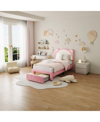 Twin Kids Bed Frame, Upholstered Platform with Adjustable Headboard, Drawer & LED