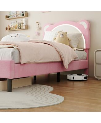 Twin XL Kids Bed Frame, Upholstered Platform with Adjustable Headboard & LED,Wooden Slats, No Box Spring,  Nursery