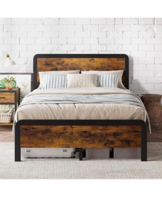 Metal Platform Bed Frame with Rustic Wood Headboard, No Box Spring Rustic Brown