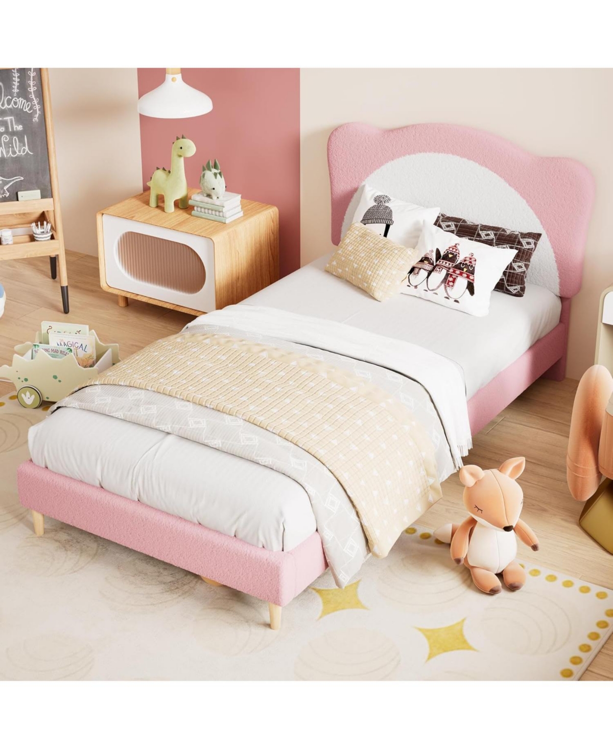 gaomon Twin Kids Princess Platform Bed, Velvet Upholstered Design with Cute Headboard, Solid Wood Slat Support, No Box Spring Needed