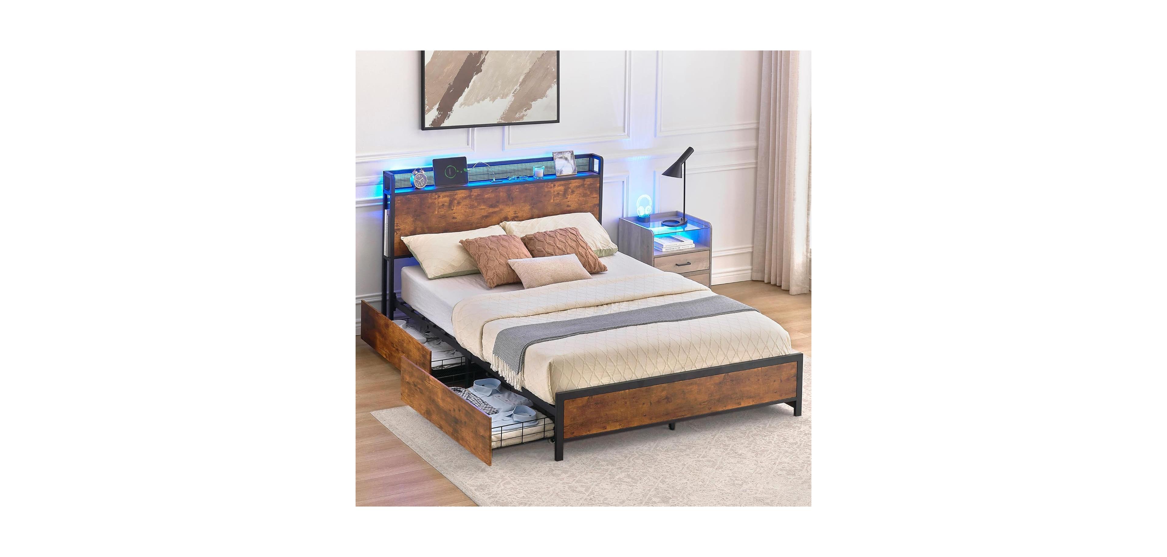 gaomon Queen Bed Frame with Led Storage Headboard and 4 Drawers Platform Frame with Charging Ports Metal Slat Support No Box Spring Required