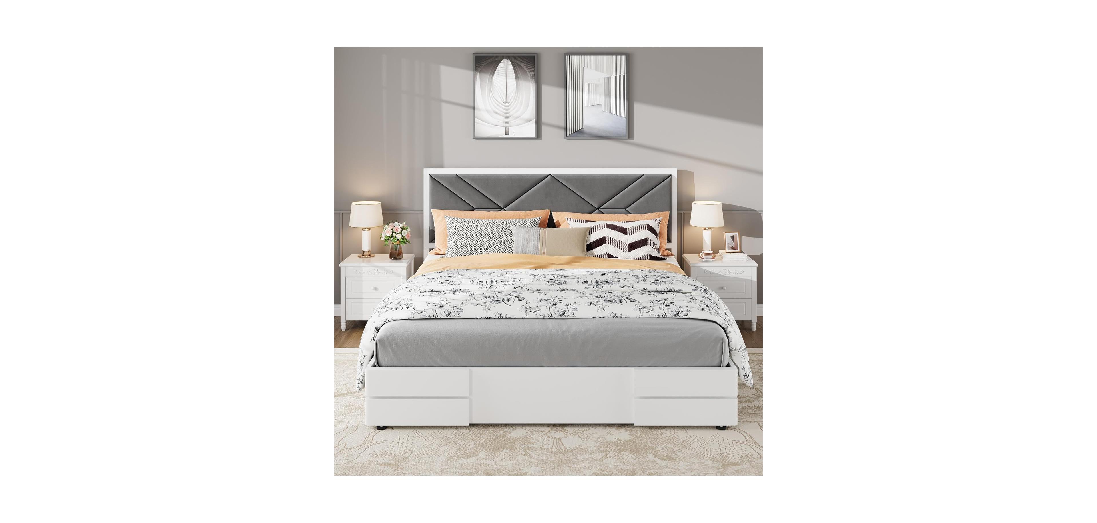 gaomon King Upholstered Bed Frame with Fabric Headboard, Strong Wooden Slats, No Box Spring Needed, Easy Assembly, White