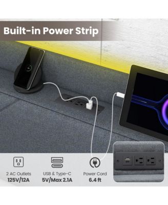 Bed Frame w/LED Lights Charging Station 2 Storage Pockets & 4 Drawers