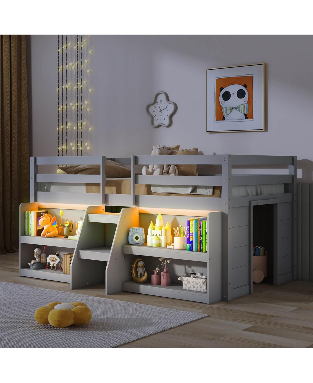 Gymax Twin Loft Bed w/ Led Lights Staircase & Safety Guardrail Under-bed Storage