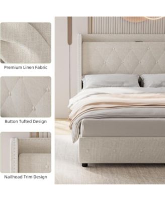 Upholstered Bed Frame with 4 Storage Drawers, Headboard and Storage, Platform Bed Frame with Charging Station & Wingback, No Box Spring Needed