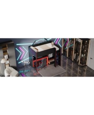 Black Wood Twin Size Loft Bed with BuiltIn Desk Wardrobe and Storage Drawer LED Lighting Space Saving Furniture for Kids and Teens Bedrooms