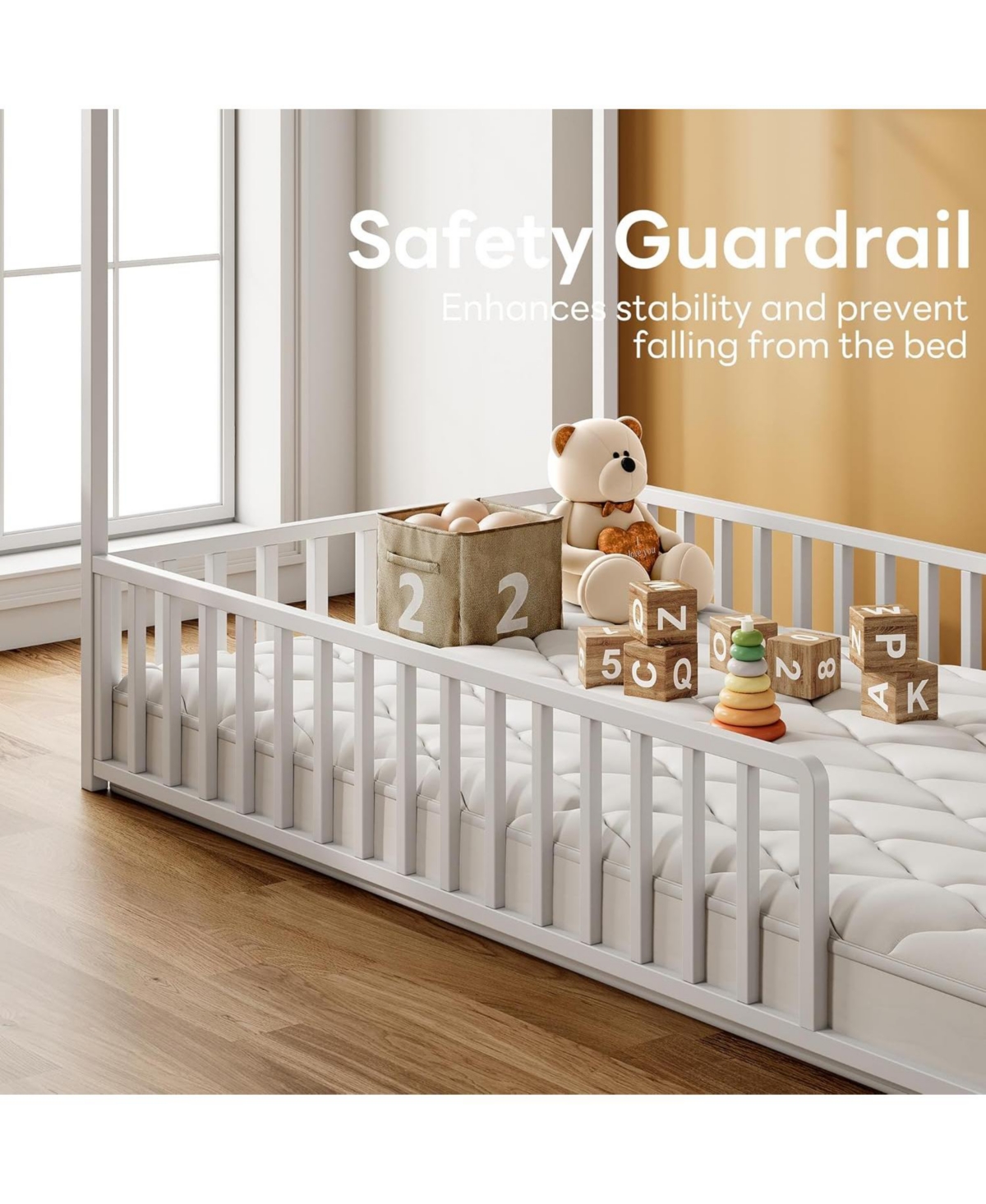 Likimio Twin Floor Bed Frame with Roof & Guardrails, Metal House Bed, White, No Box Spring