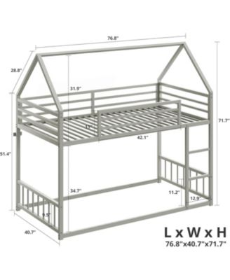 Bunk Bed Twin Over Twin, House Bunk Bed Frame with Ladder and Guardrail, House Shaped with Metal Slats for Dormitory and Bedroom