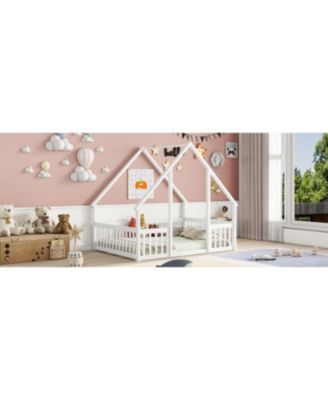 Full Wood House-Shaped Floor Bed with Fence, Guardrails, White