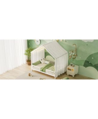 Montessori Floor Bed with Canopy, Full Size House Shape Toddler Bed Frame