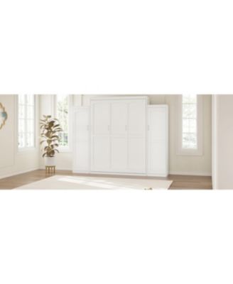 Queen Size Murphy Bed with 2 Wardrobes & Storage Shelf, White