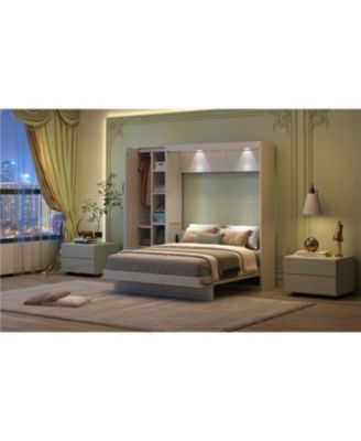  Queen Size Murphy Bed Wall Bed with Shelves, Wardrobe and LED