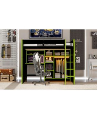 Full Size Wood Loft Bed with Desk, Wardrobe, Storage & RGB Lights