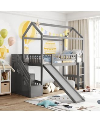  Twin Loft Bed with Drawers and Slide, Gray