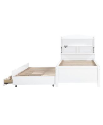Streamdale Twin Wooden LED Platform Bed with Trundle, Storage Headboard & Drawers, White