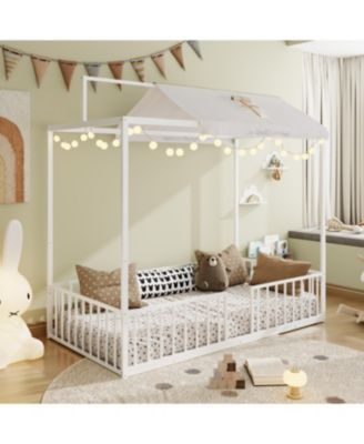 Streamdale Montessori 3-in-1 Convertible Metal Toddler Bed with Canopy, Twin, Black