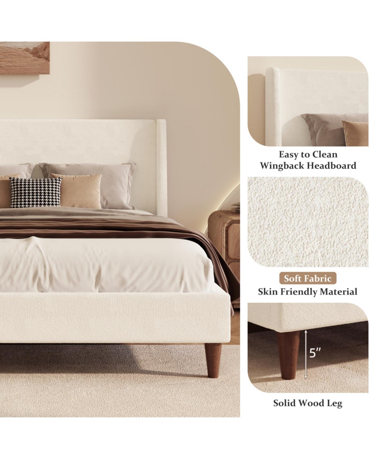 Streamdale Furniture Streamdale Modern Ivory Boucle Platform Bed, Queen Size