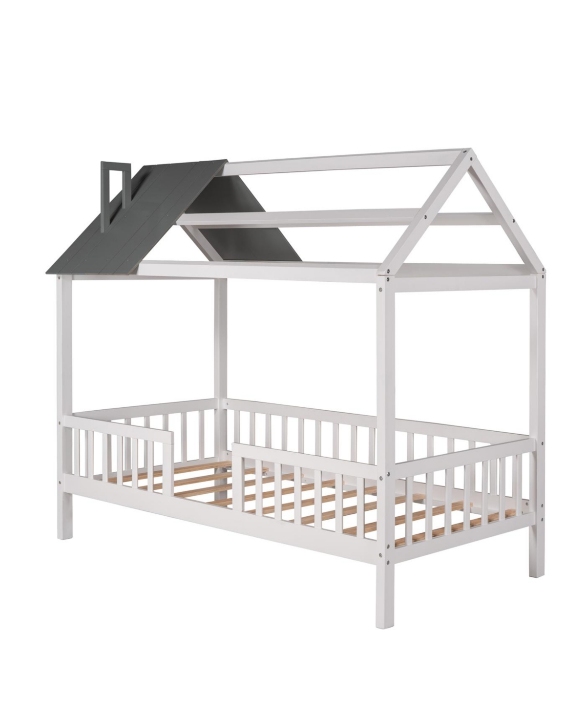 Streamdale Furniture Twin Size Wood House Bed with Fence, White+Gray
