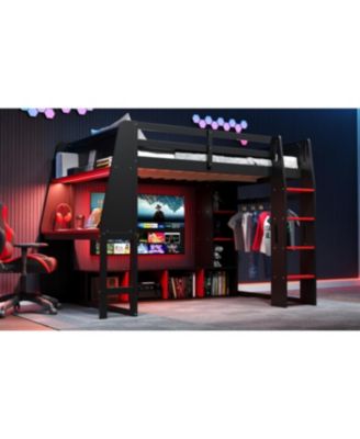 Streamdale Wood Gaming Loft Bed w/ Desk, Shelves, LED, Rack, Black