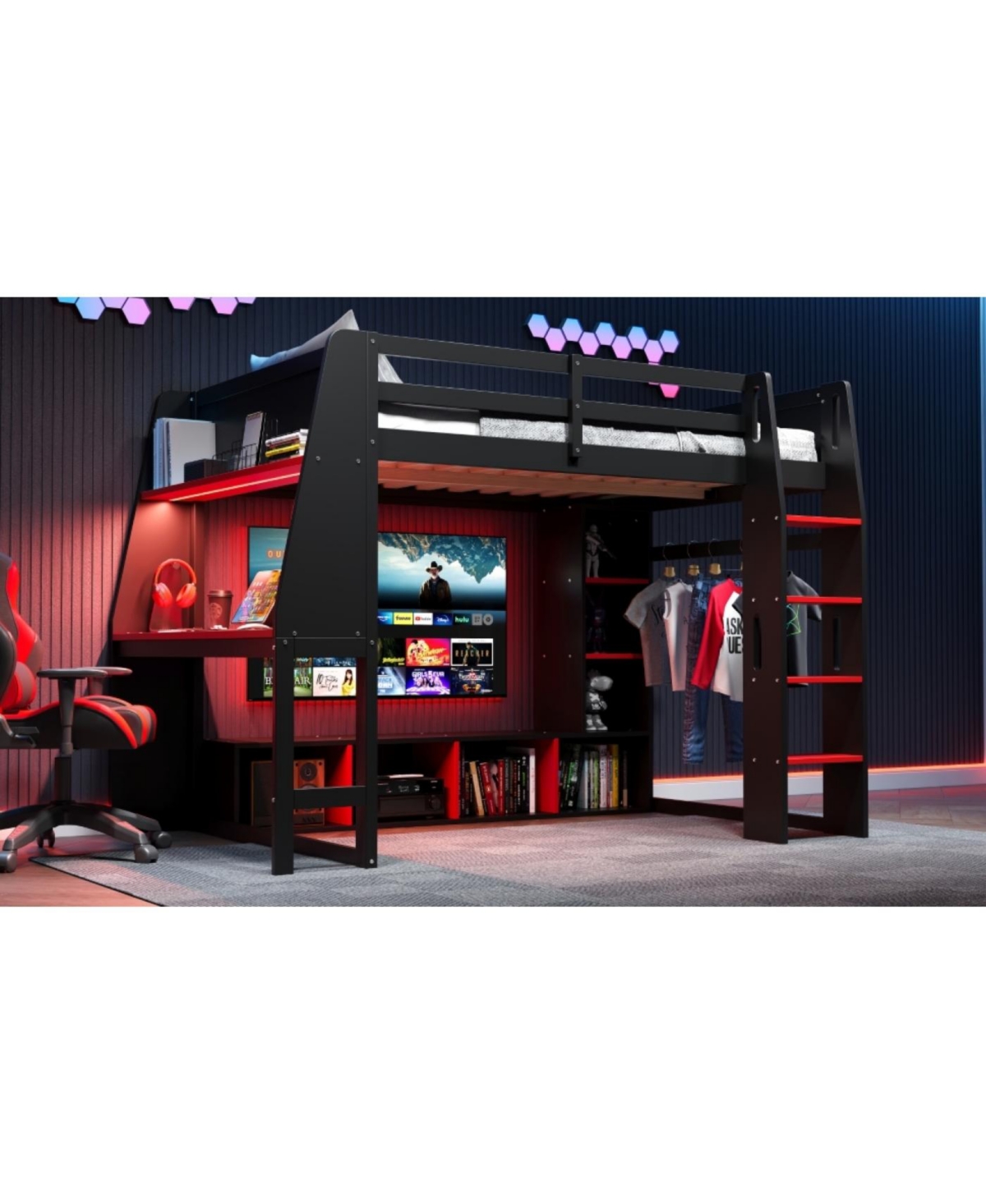 Streamdale Furniture Wood Gaming Loft Bed w/ Desk, Shelves, Led, Rack, Black