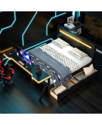 Full Size Wooden Gaming Bed with LED Headboard, Desk, USB & Storage, Black