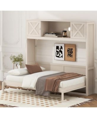 Full Size Murphy Bed with Storage Cabinets, Beige