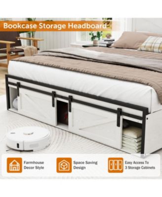 Farmhouse Queen Storage Bed Frame with Charging Station & LED Lights, White