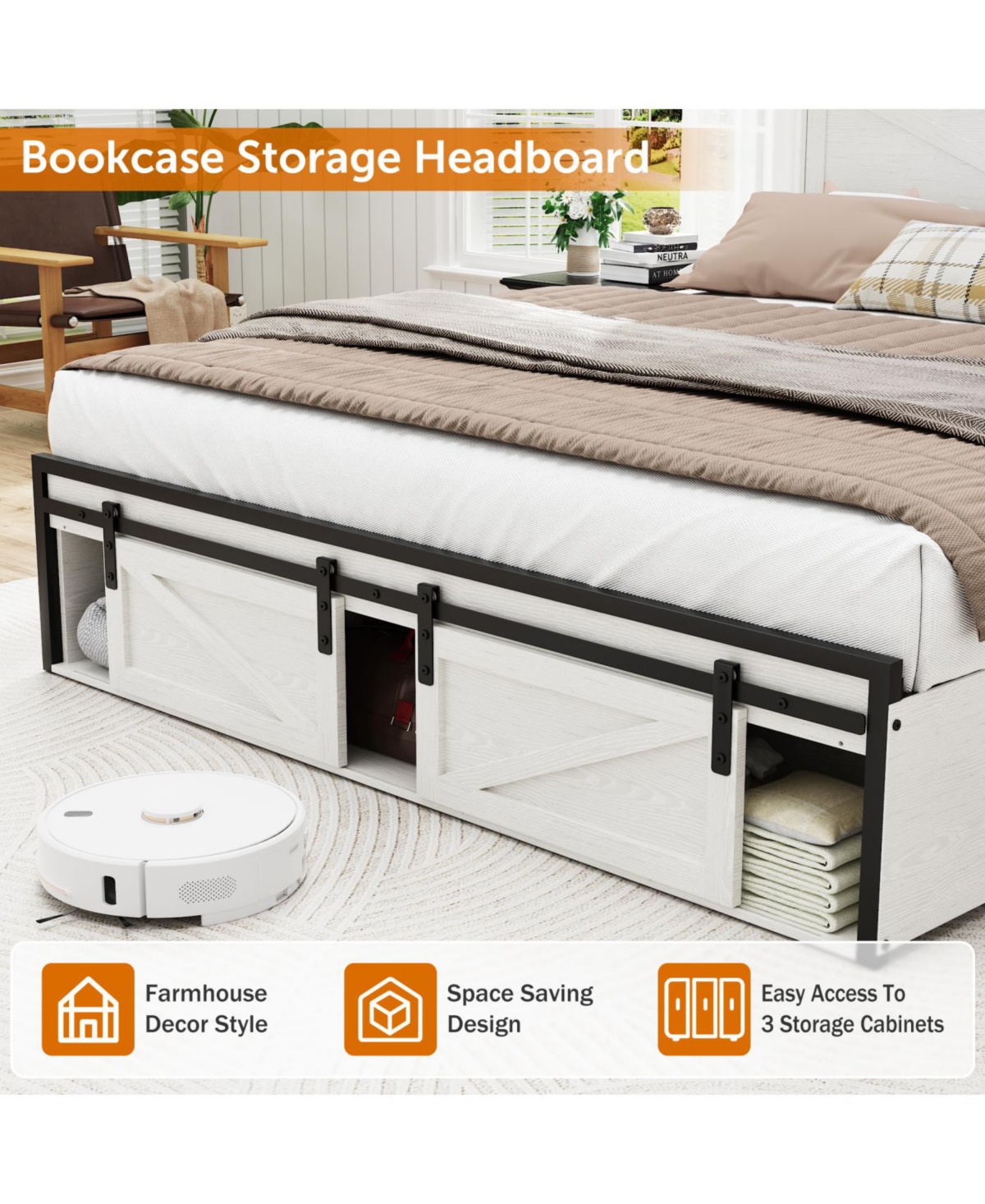 Streamdale Furniture Farmhouse Queen Storage Bed Frame with Charging Station & Led Lights, White