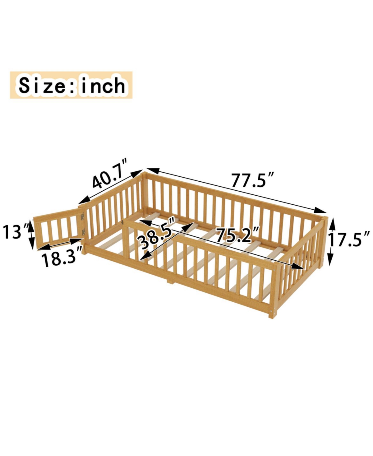 Streamdale Twin Size Floor Bed with Guardrails and Door for Kids, Natural