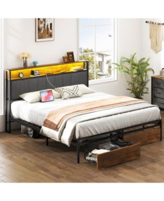 Upholstered Platform Bed Frame with Storage, USB Ports, Headboard
