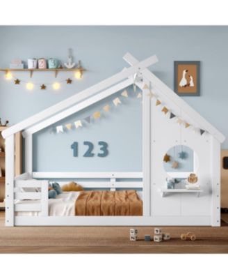 Full House Floor Bed with Window & Shelf, Solid Wood, White
