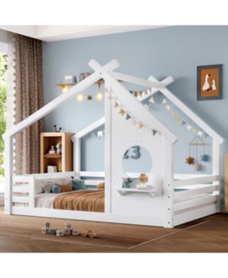 Full House Floor Bed with Window & Shelf, Solid Wood, White