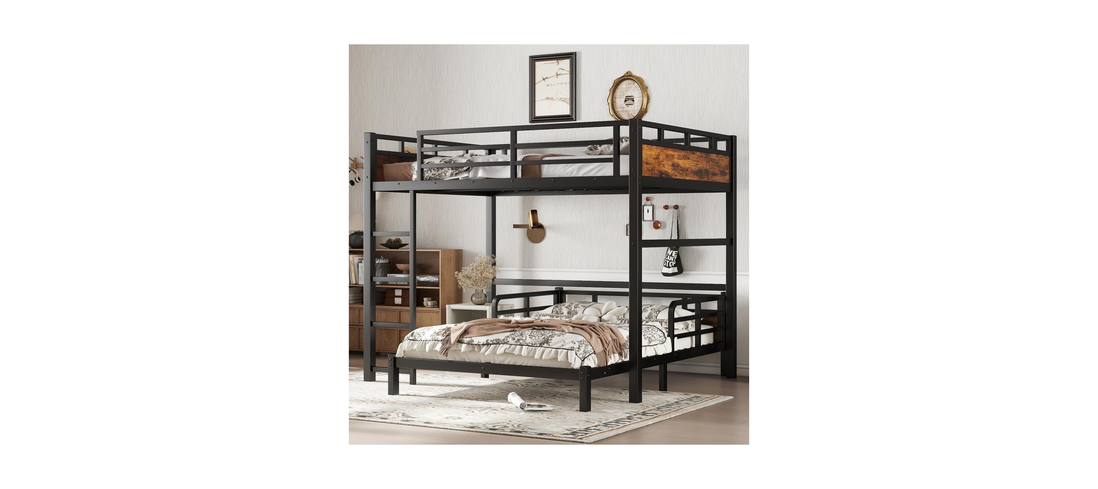 Streamdale Furniture Streamdale Full/Full Metal Bunk Bed/Loft Bed with Security Fence, Vintage Wood-Colored