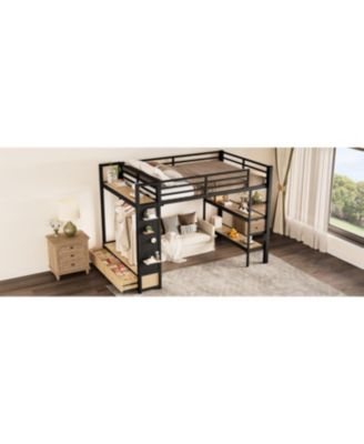 Streamdale Metal Loft Bed with Wardrobe and Shelves, Black