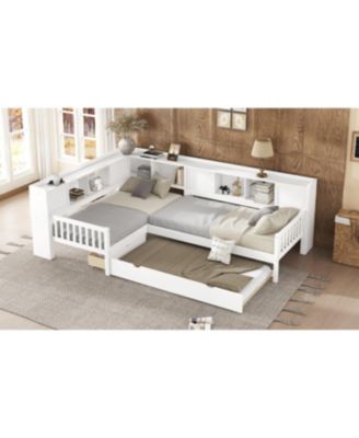 L-shaped Twin Platform Bed with Trundle, Storage Drawers & Shelves, White