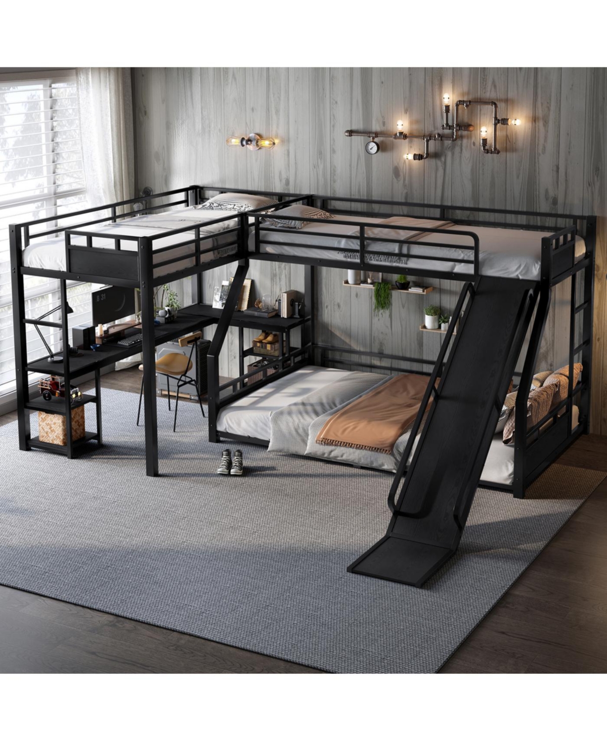 Streamdale Furniture L-Shaped Metal Bunk Bed (Twin Xl/Queen) w/ Loft, Desk, Shelves, Slide - Black