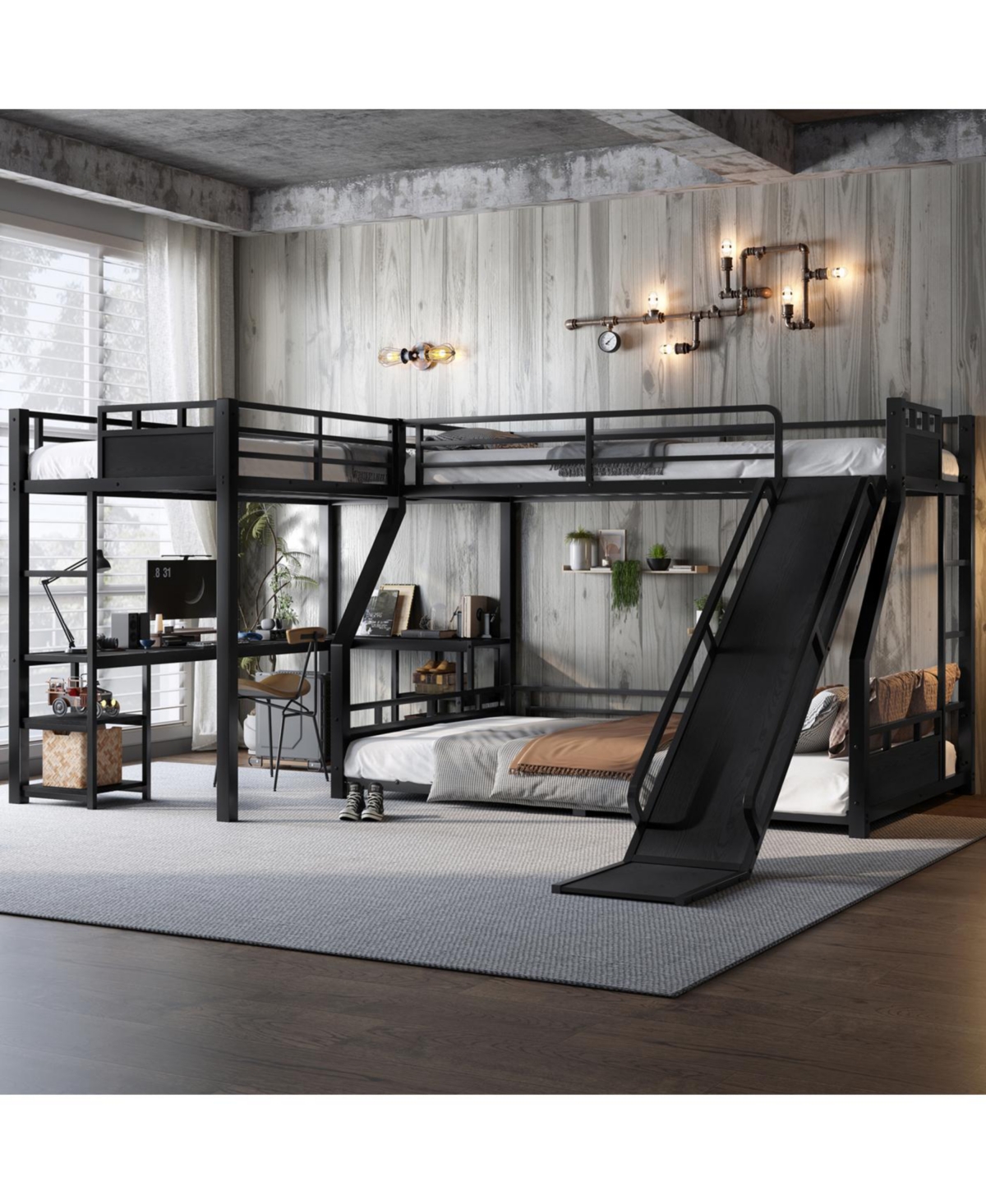 Streamdale Furniture L-Shaped Metal Bunk Bed (Twin Xl/Queen) w/ Loft, Desk, Shelves, Slide - Black