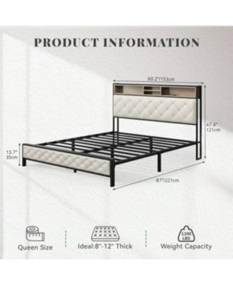 Queen Size Upholstered Platform Bed Frame with Charging Station - Beige