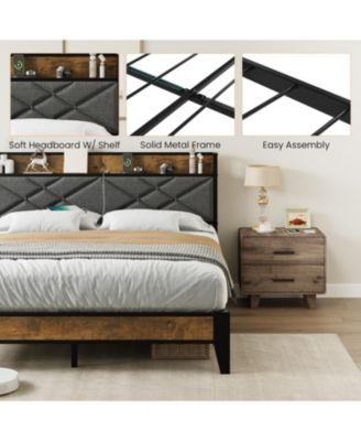 Metal Platform Bed Frame with Charging Station, Tufted Headboard, Storage Shelf & Steel Slats