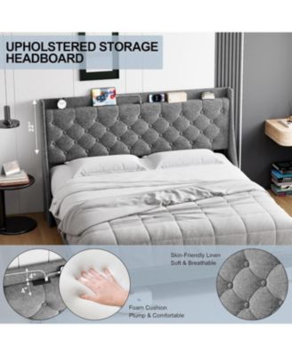 King Upholstered Platform Bed with Button Tufted Wingback Storage Headboard, Wood Slats, Charging Station, Noise-Free
