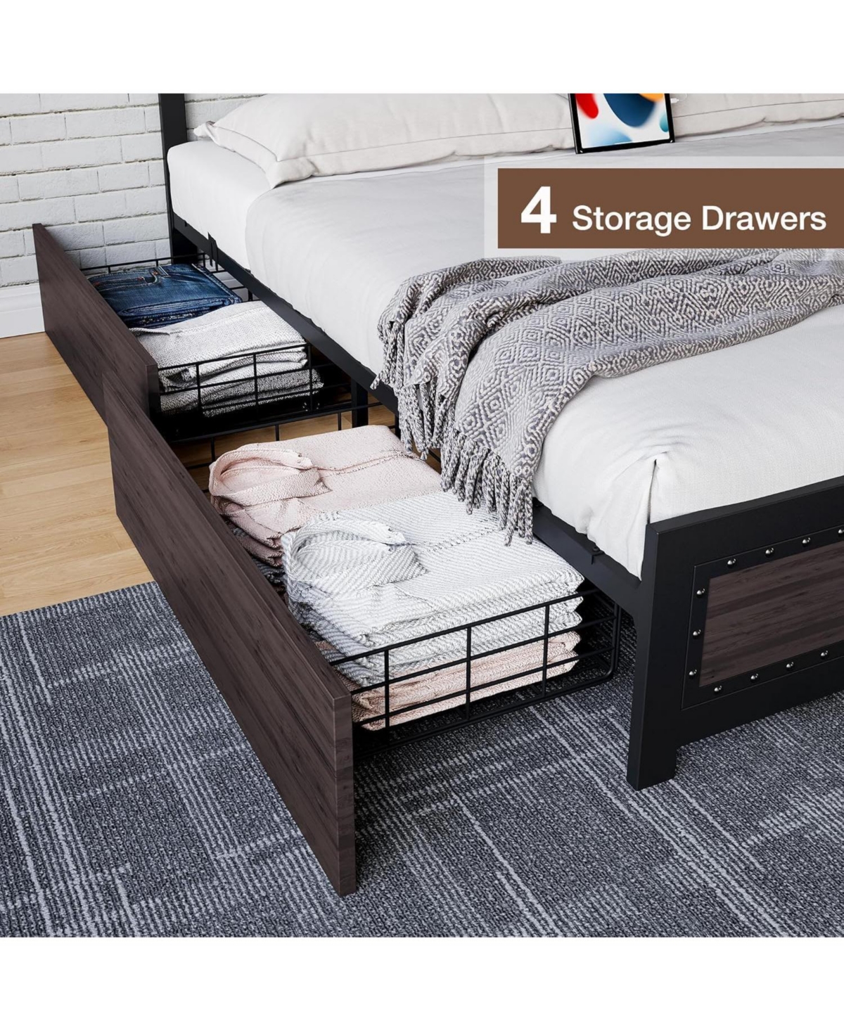 gaomon Bed Frame with Four Storage Drawers and Charging Station, Riveted Headboard Platform Bed with Metal Slat Frame, No Box Spring Required
