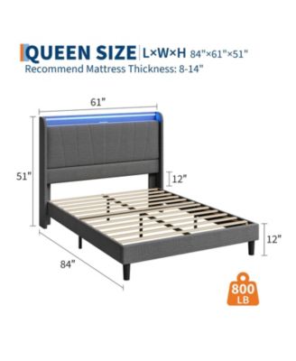 Bed Frame with Charging Station & LED Lights, Modern Platform Bed with Wooden Slats, Upholstered Headboard, No Box Spring, Easy Assembly