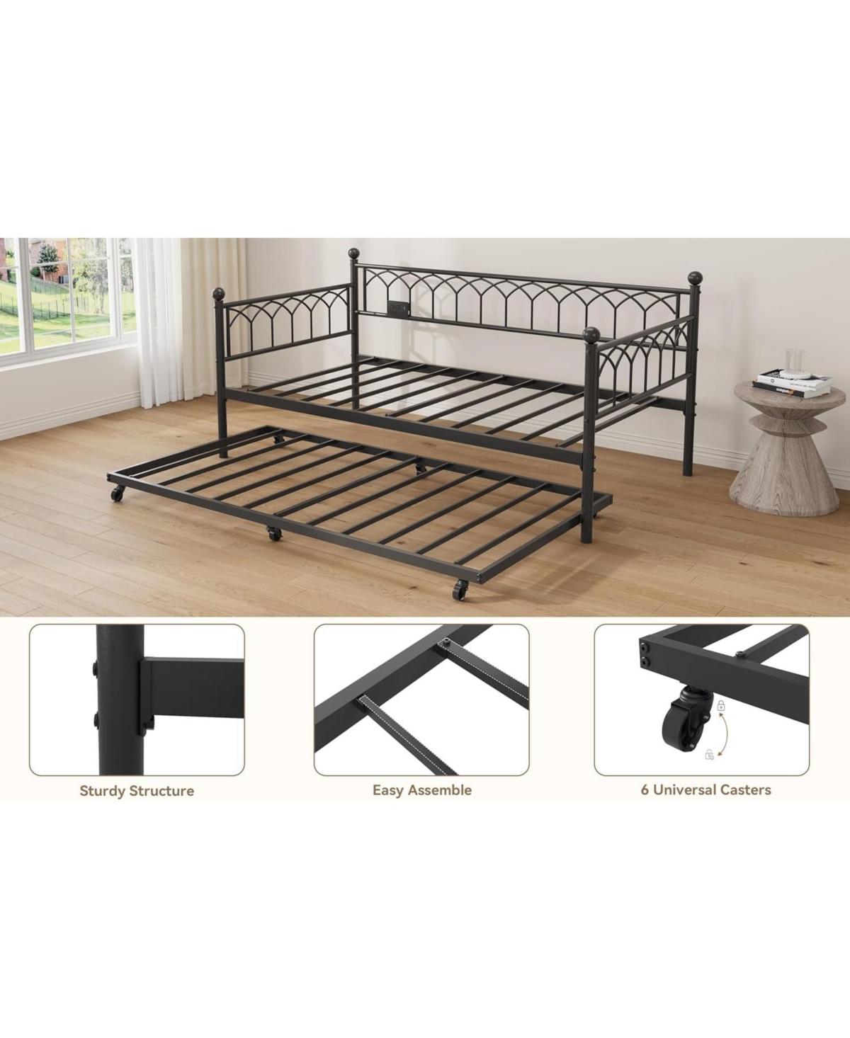 gaomon Twin Daybed with Pop-Up Trundle & Charging Station, Pull Out Bed Frame, Metal Sofa