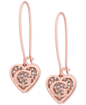 image of Guess Rose Gold-Tone Pave Heart Logo Drop Earrings